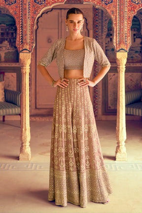 Brown  Embroidered Crop-Top Palazzo Indo-Western Dress With Embroidered Jacket