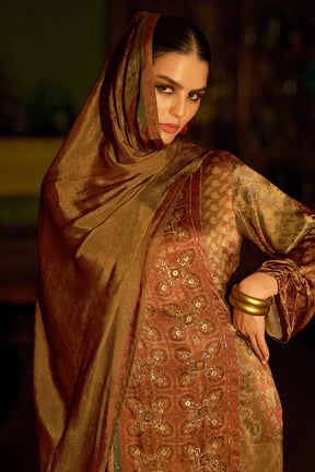 Brown Spun Printed Unstitched Suit Material