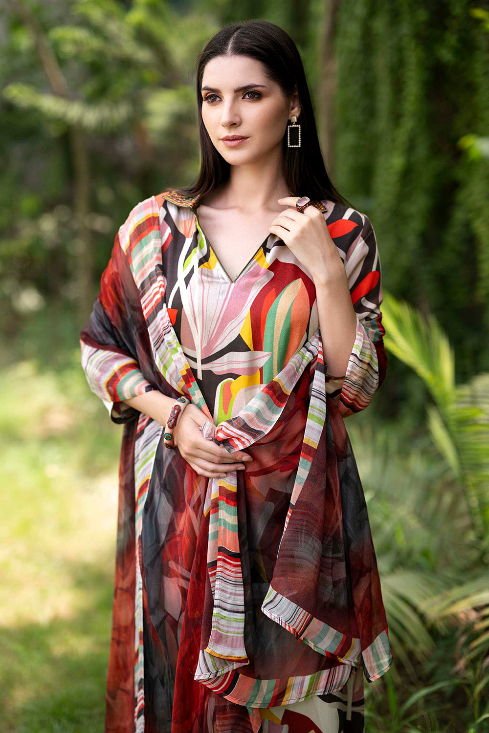Brown Color Crepe Printed Unstitched Suit Material