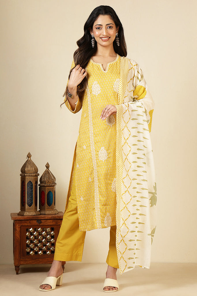 Yellow Cotton Emboridered And Printed Suit Set