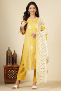 Yellow Cotton Emboridered And Printed Suit Set