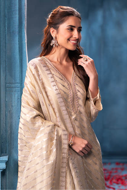 Cream Pure Metallic Tissue Sequins Embroidered Suit