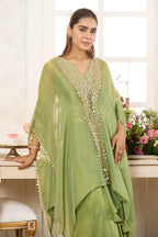 Green Shimmer Fabric Embroidered Cape Jacket with Crop Top & Dhoti Style Pant Co-ord Set