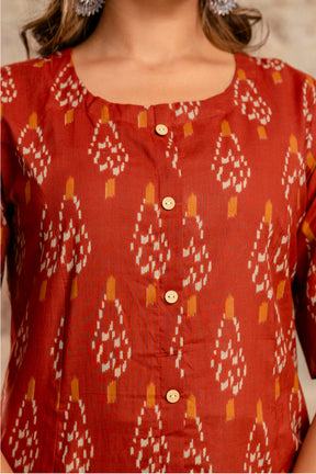 Maroon Cotton Printed Kurta Set