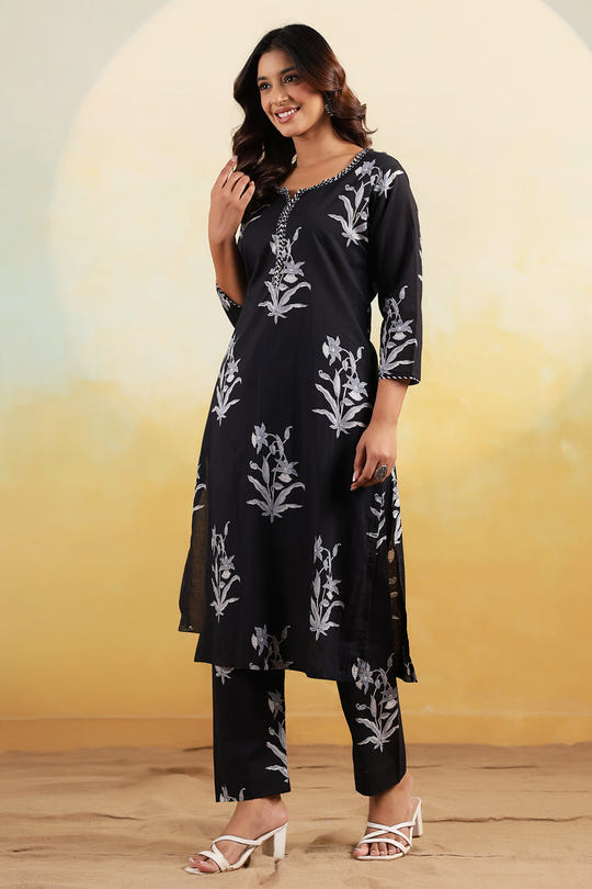 Black Color Floral Printed Long Kurta Set