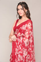 Maroon Color Floral Printed Chiffon Saree