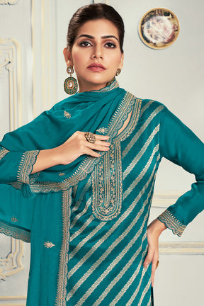 Teal Embroidered & Woven Chanderi Silk Unstitched Suit Fabric