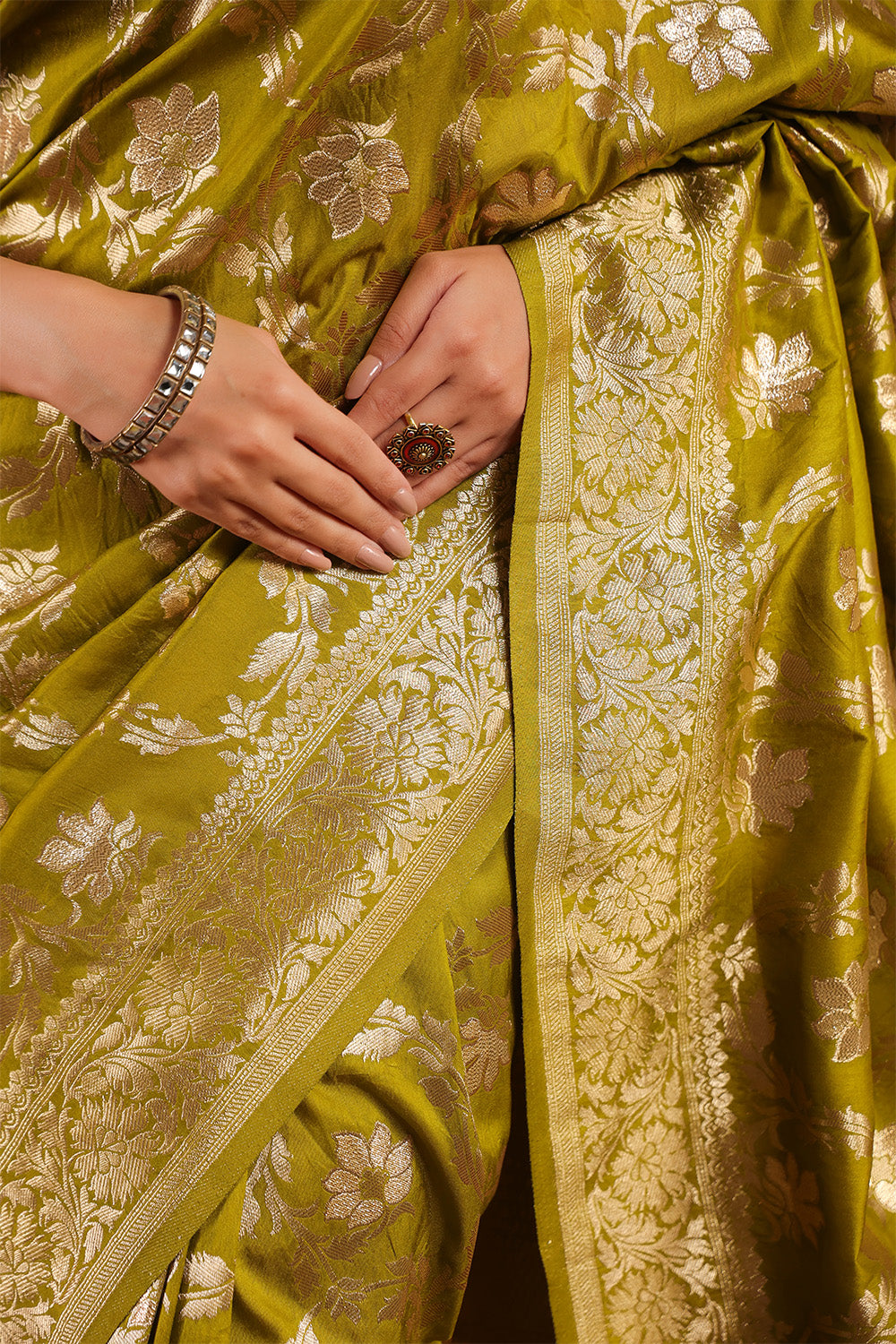Sage Green Zari Floral Woven Silk Saree