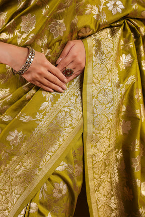 Sage Green Zari Floral Woven Silk Saree