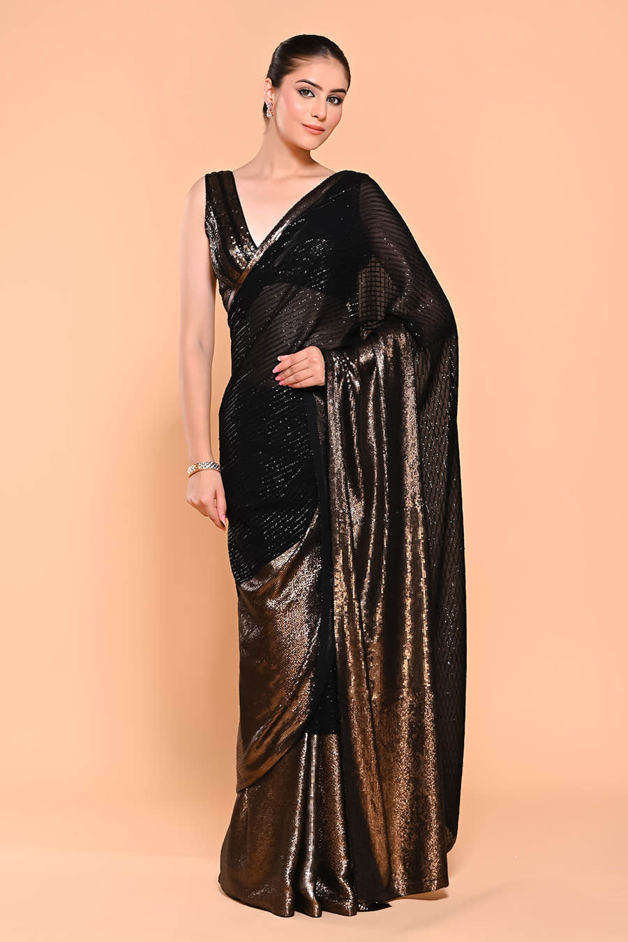 Black & Golden Color Georgette Sequins Embroidered Saree