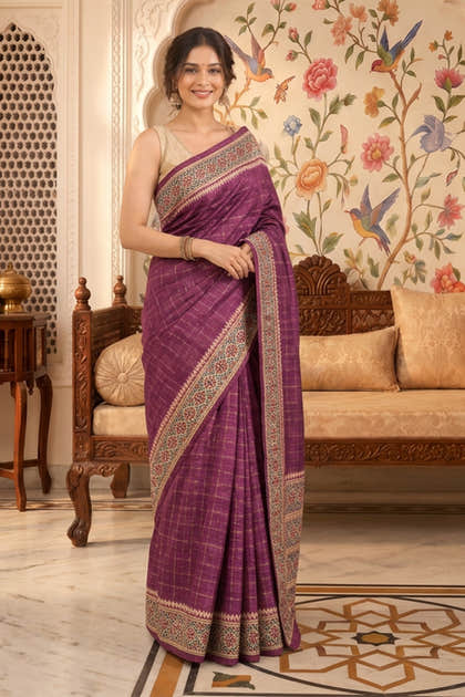 Purple Tussar Silk Printed And Zari Taar Woven Saree