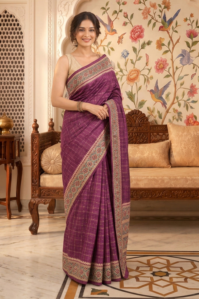 Purple Tussar Silk Printed And Zari Taar Woven Saree