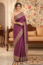 Purple Tussar Silk Printed And Zari Taar Woven Saree