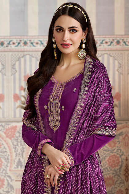 Purple Velvet Sequins and Zari Embroidered Unstitched Suit Fabric