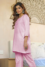 Mauve Color Neck Embroidered Cotton Kurti