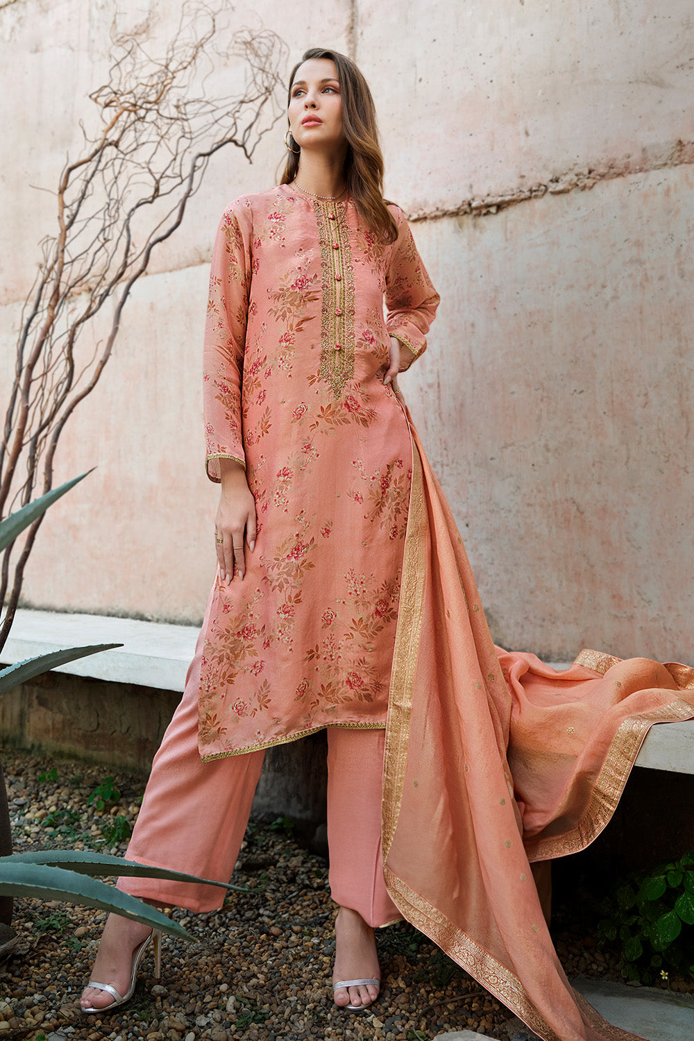 Pink Color Floral Printed & Neck Embroidered Unstitched Suit Material