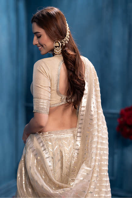 Cream Metallic Tissue Embroidered Lehanga