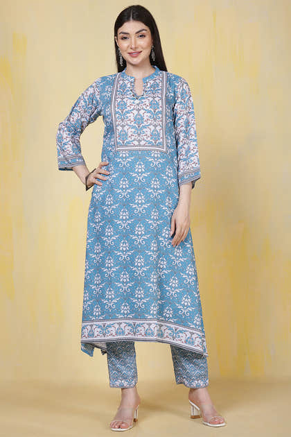 Turquoise Rayon Floral Printed Kurta Set