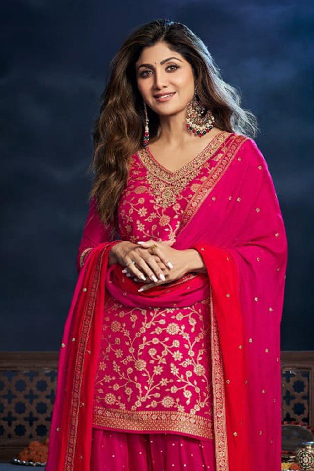 Fuchsia Pink Color Silk Embroidered Suit with Farsi Salwar