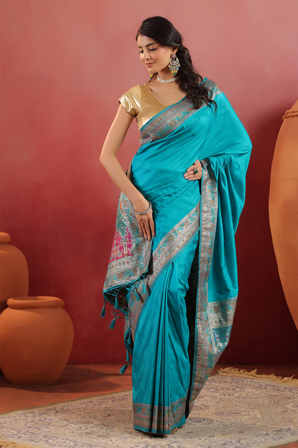 Teal Soft Silk Kalamkari Woven Saree