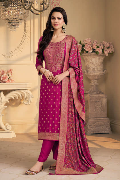 Magenta Pink Pashmina Zari Woven Unstitched Suit Fabric