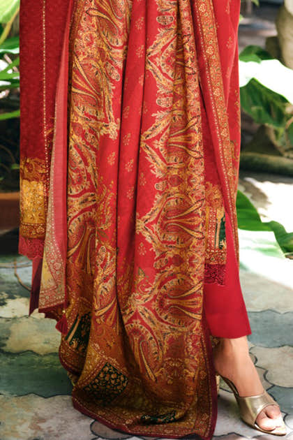 Maroon Silk Woven And Printed Unstitched Suit Material