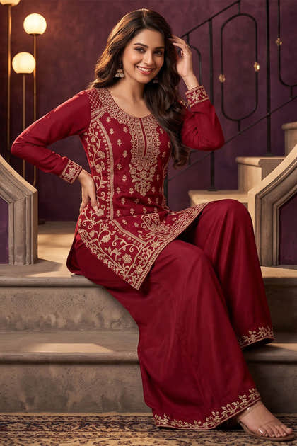 Red Crepe Silk Cut-Dana Embroidered Suit With Embroidered Palazzo
