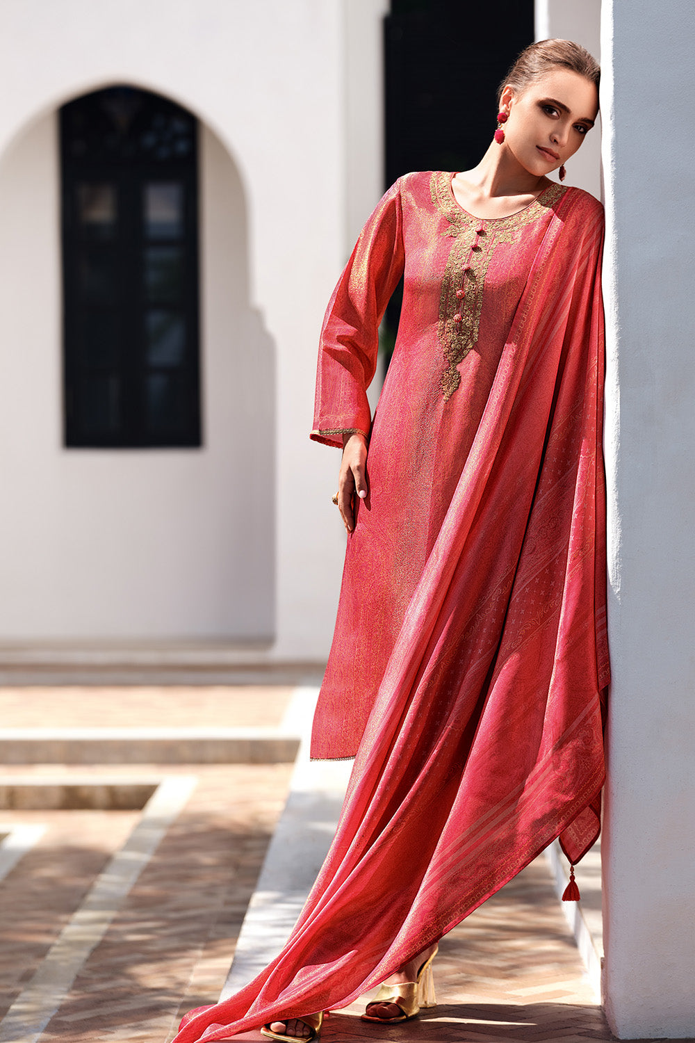 Fuchsia Pink Color Mantellic Tissue Neck Embroidered Unstitched Suit