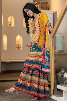 Mustard Crepe Silk Printed Suit With Printed Palazzo