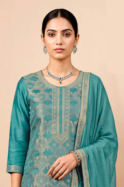 Turquoise Silk Woven Unstitched Suit Fabric