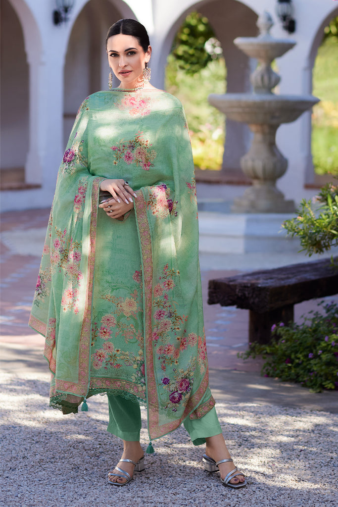 Pista Green Color Muslin Neck Embroidered & Floral Printed Suit