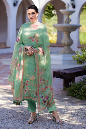 Pista Green Color Muslin Neck Embroidered & Floral Printed Suit