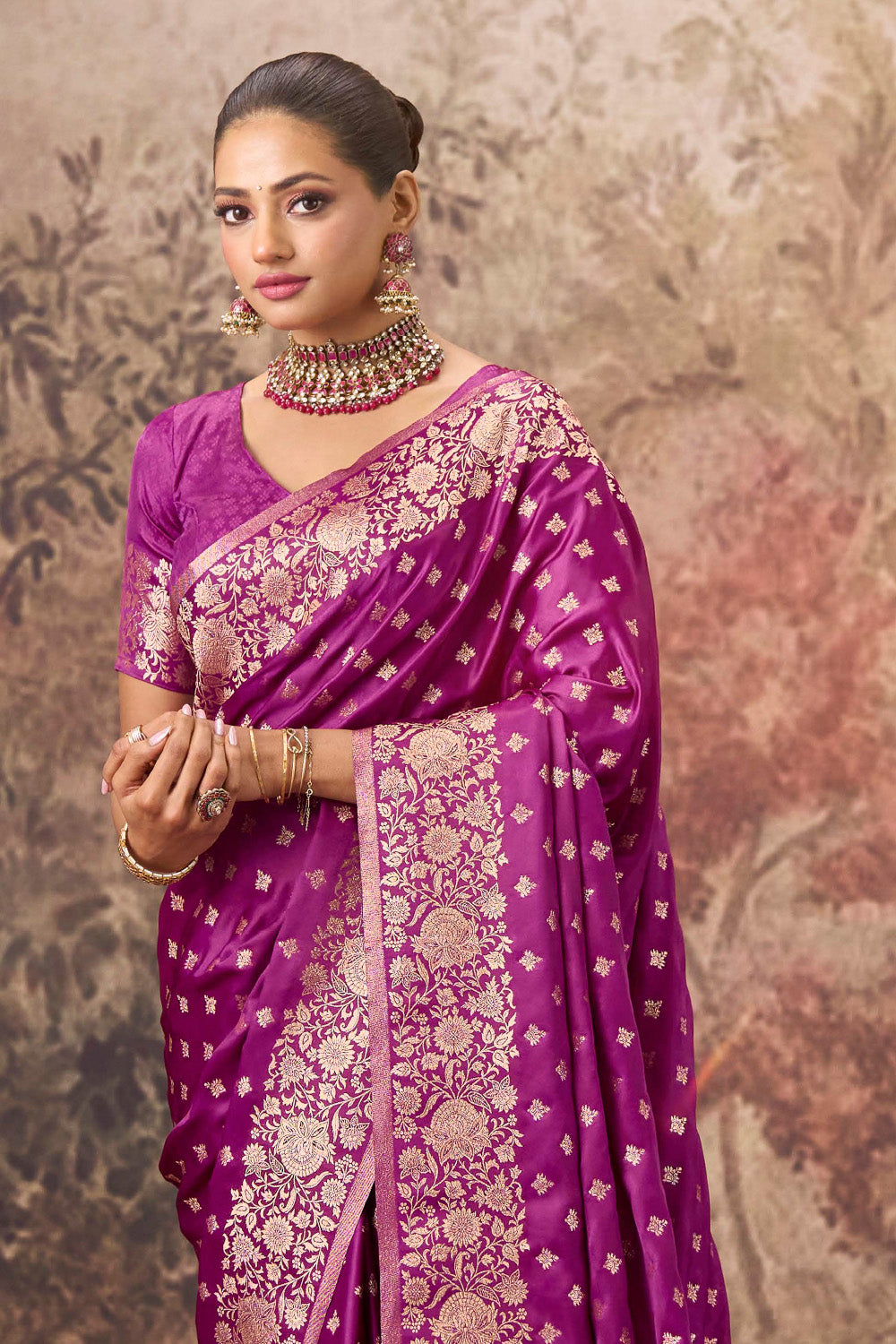 Purple Charmeuse Silk Zari Woven Saree
