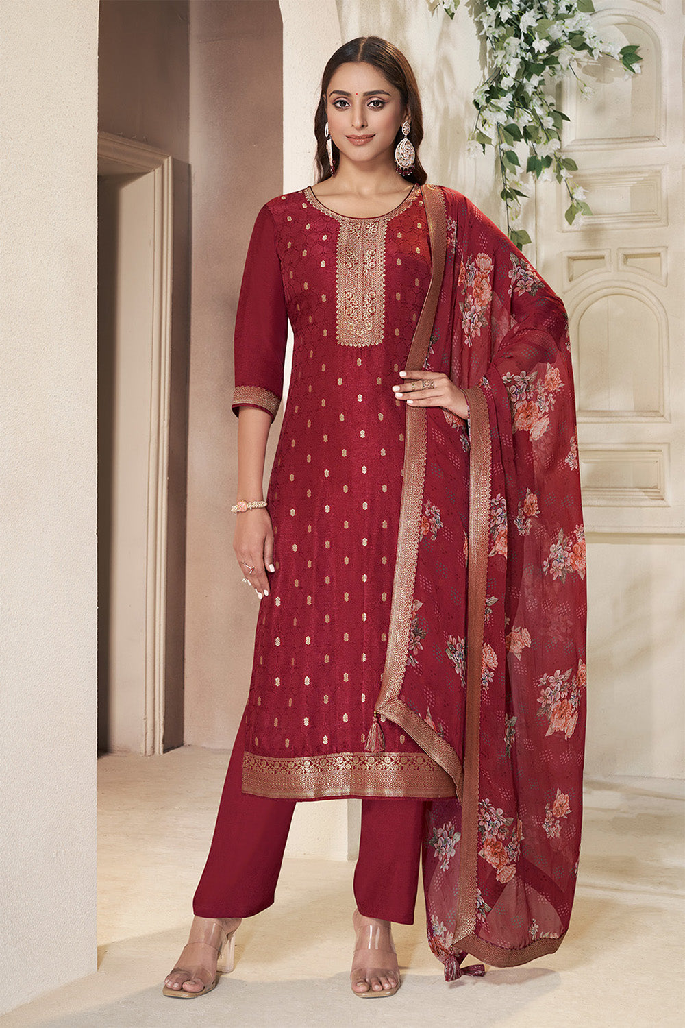 Maroon Silk Zari Woven Suit Set