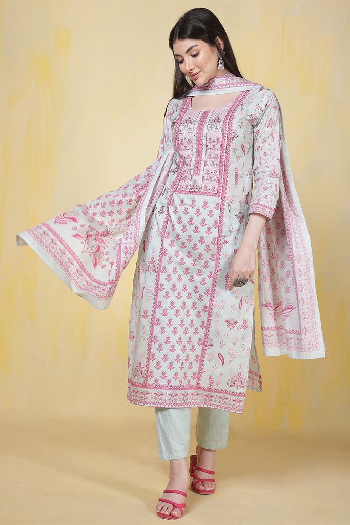 Sea Green Cotton Floral Printed & Neck Embroidered Suit