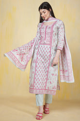 Sea Green Cotton Floral Printed & Neck Embroidered Suit