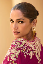 Magenta Organza Embroidered Crop-Top Dress With Shruge Stlye Dupatta And Palazzo