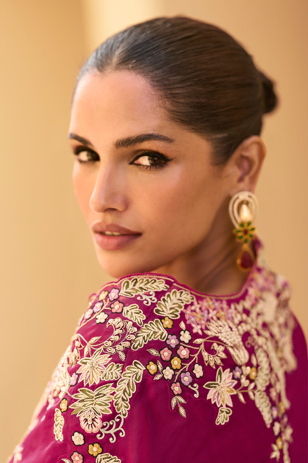 Magenta Organza Embroidered Crop-Top Dress With Shruge Stlye Dupatta And Palazzo