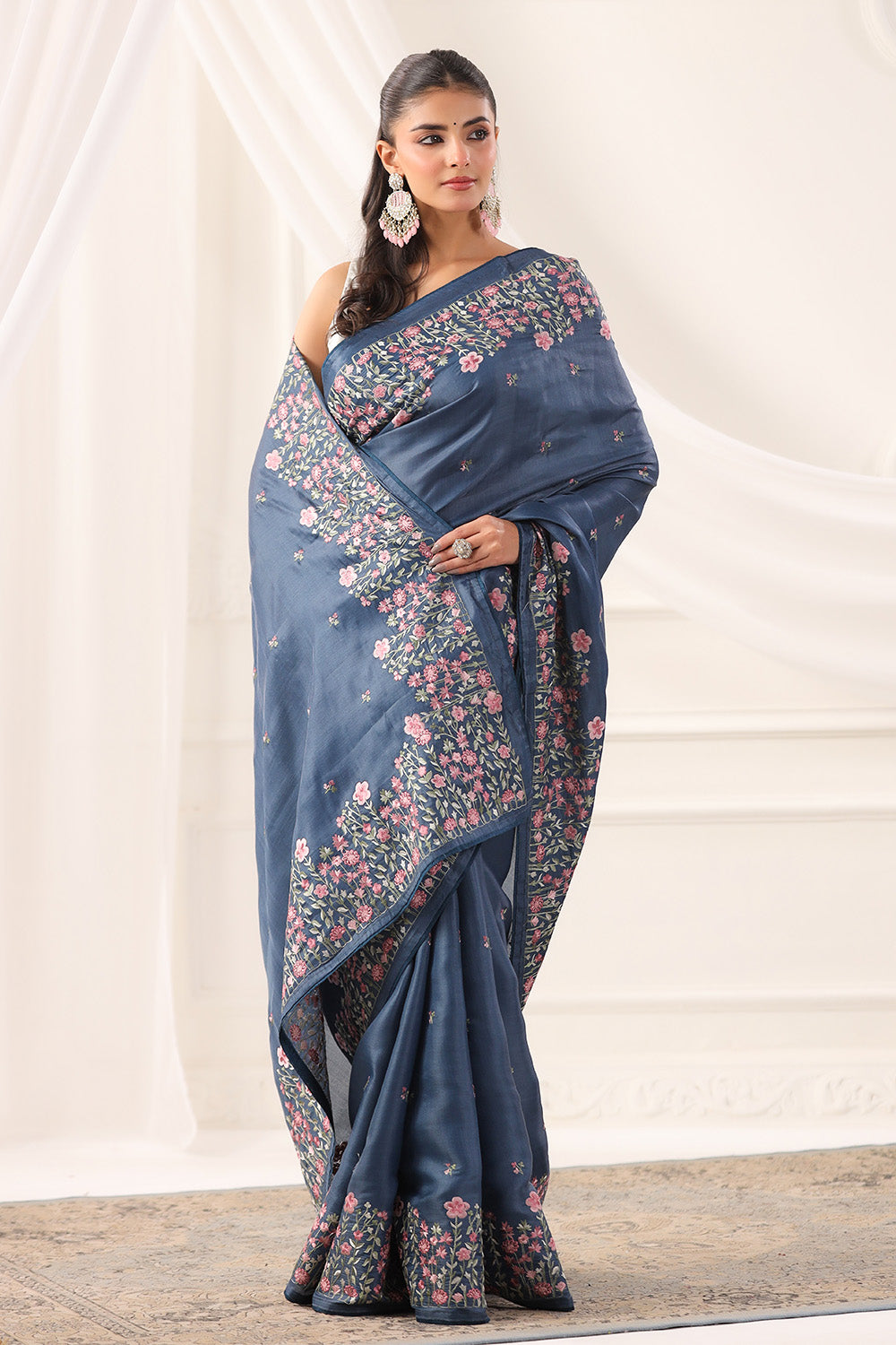 Greyish Blue Tussar Silk Resham Floral Embroidered Saree