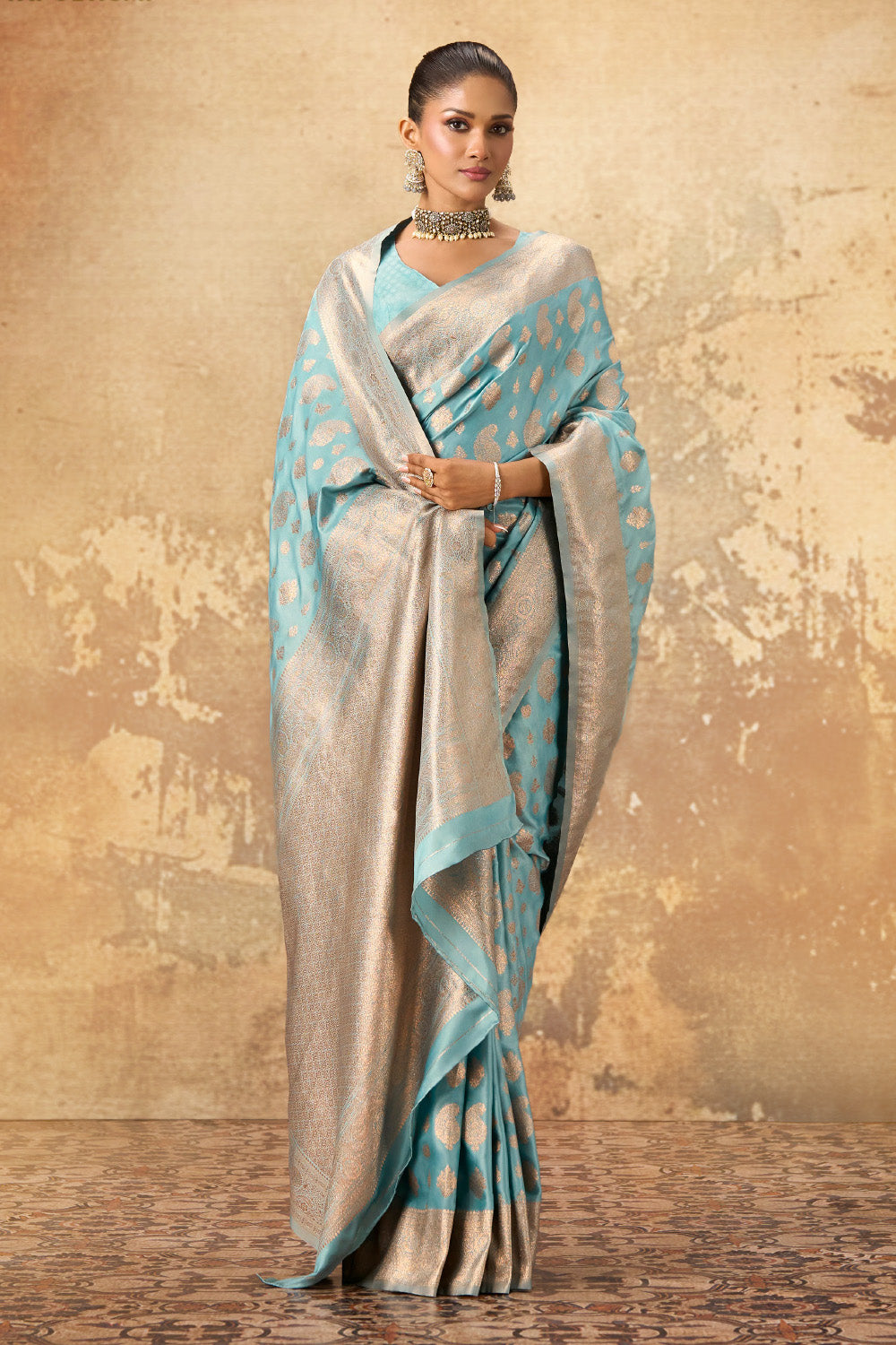 Light Turquoise Woven Katan Silk Banarasi Saree