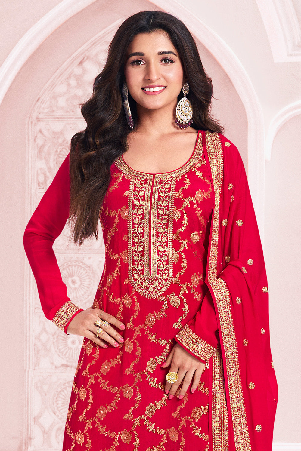Red Color Zari Embroidered Banarasi Silk Unstitched Suit Fabric