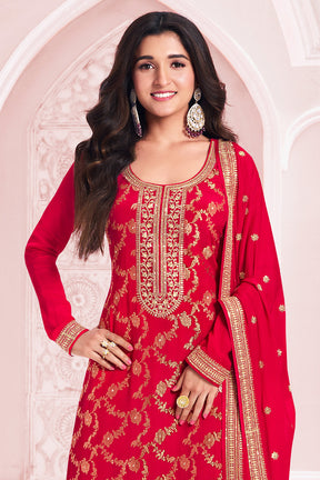 Red Color Zari Embroidered Banarasi Silk Unstitched Suit Fabric