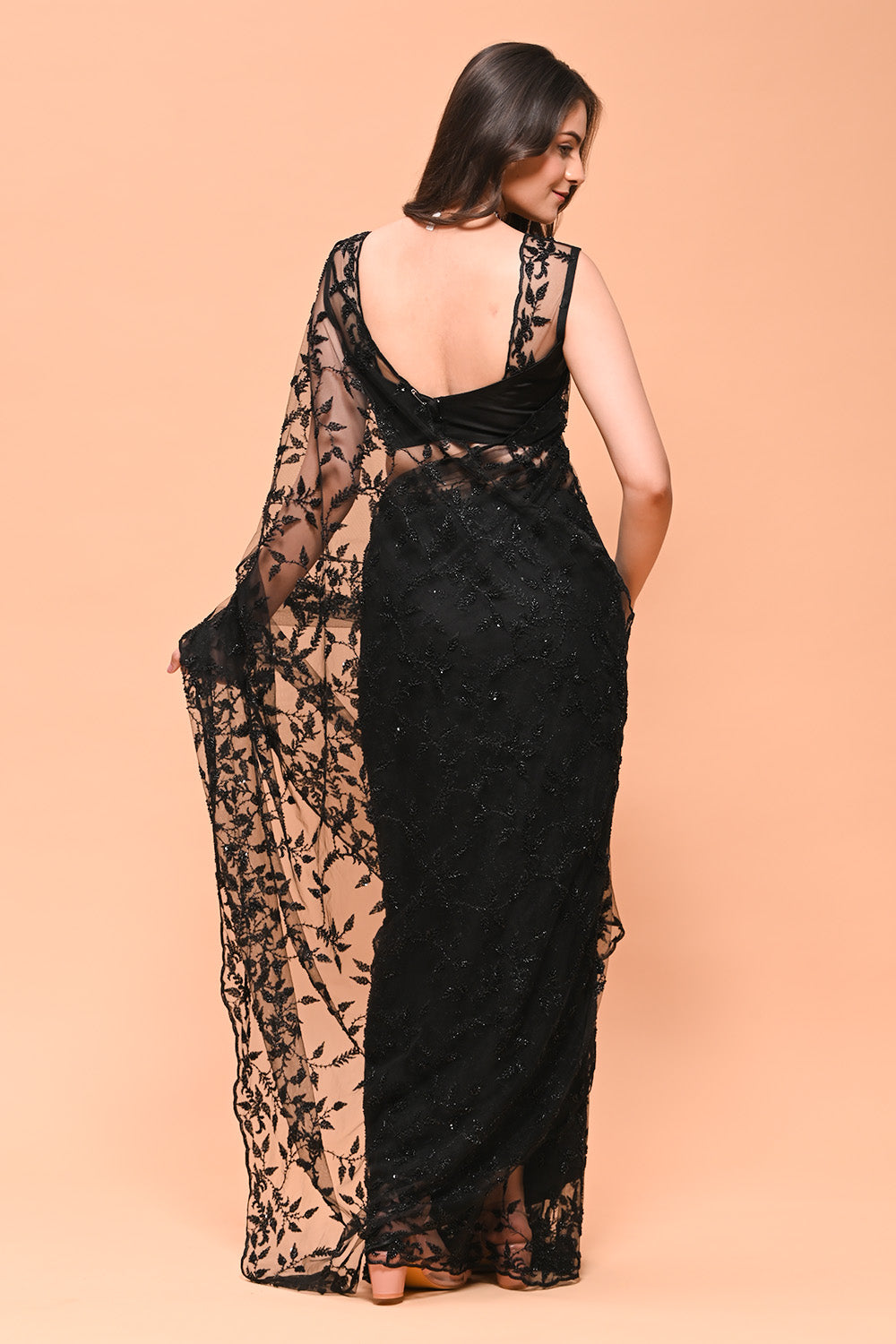 Black Color Net Cut-Dana Work Saree