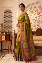 Green Cotton Printed And Woven Border Saree