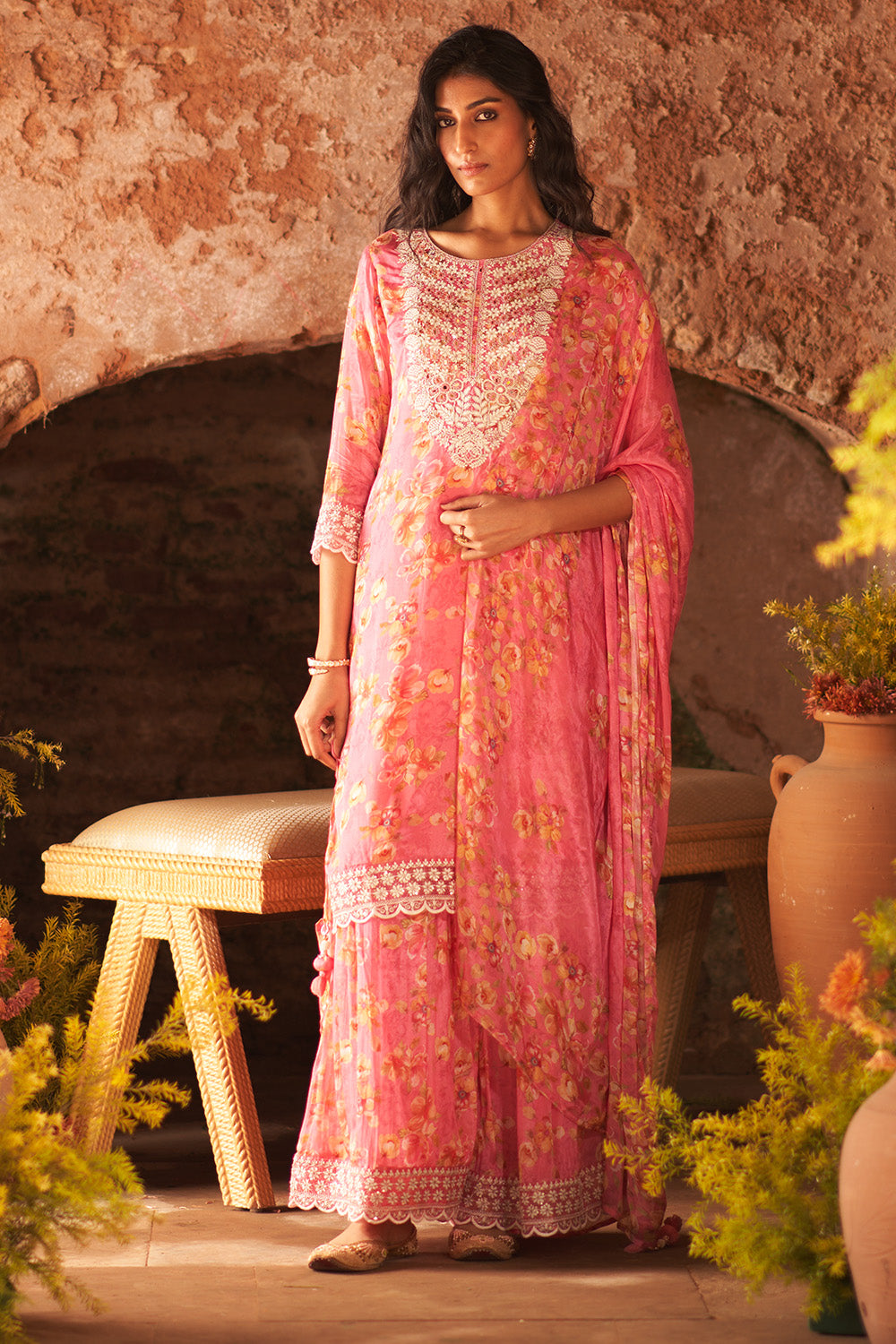 Pink Color Crepe Silk Embroidered &amp; Floral Printed Suit with Gharara