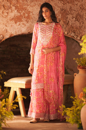 Pink Color Crepe Silk Embroidered &amp; Floral Printed Suit with Gharara