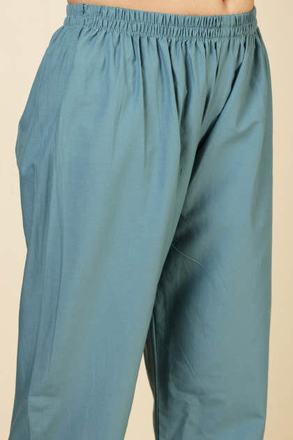 Blue Cotton Emboridered And Printed Suit Set