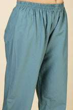 Blue Cotton Emboridered And Printed Suit Set