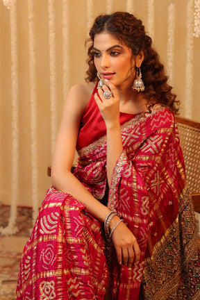 Magenta Pink Pure Gharchola Gajji Silk Printed And Embroidered Saree