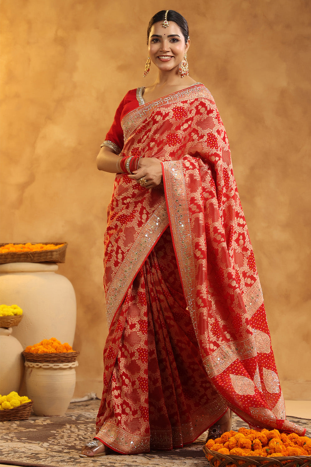 Red Color Khhadi Georgette Woven Saree